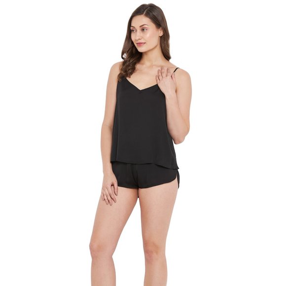 Solid Black 2 Pcs Satin Shorts Sleepwear for Women - Picture 2 of 6